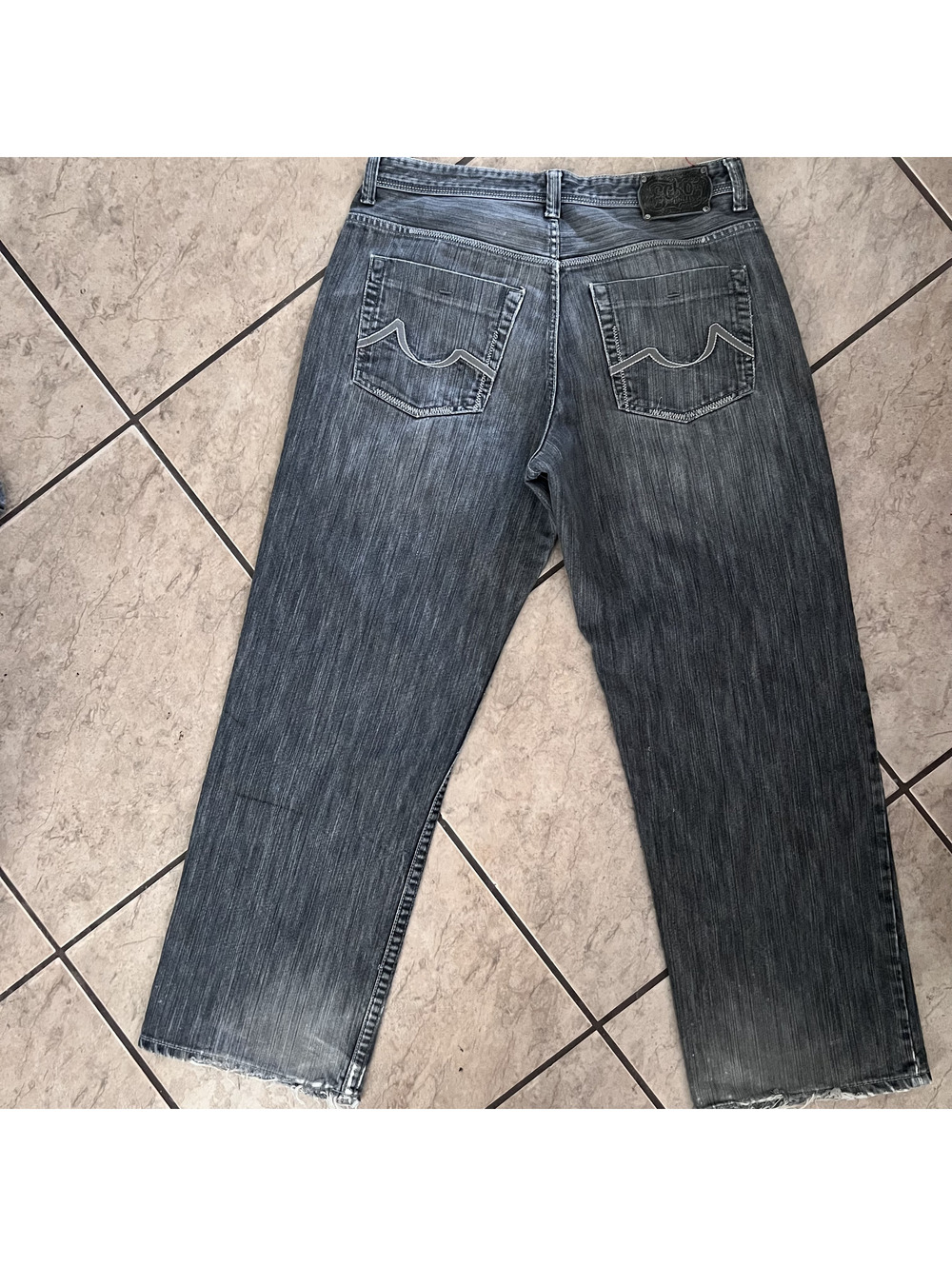 Y2k Ecko Unltd. Grunge Baggy Dark Wash Embroidered Pockets Distressed 34 Tag 36
